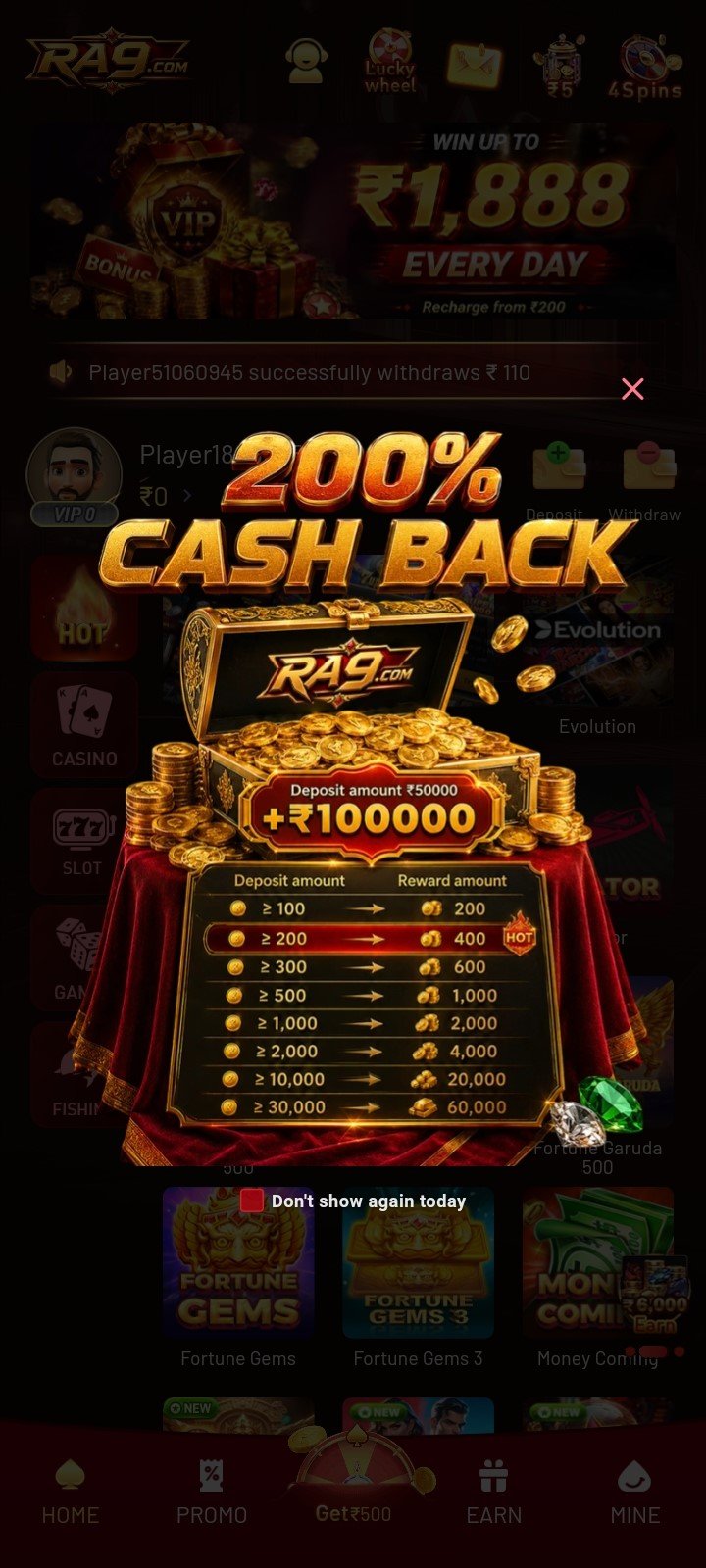 RA9 Game 200 Percent Cash Back Offer